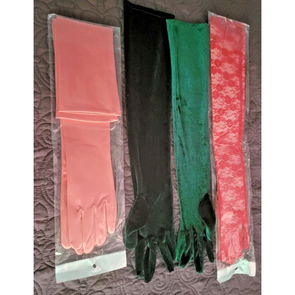 3 pair Opera Gloves Peach Satin, Red Lace, Dark Green Velvet 2 Pair NIP